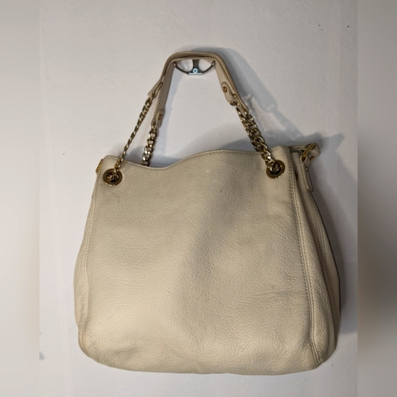 Michael Kors Ivory Leather Purse Gold Metal Chain Shoulder Bag Jet Set Tote Crea - Picture 2 of 15